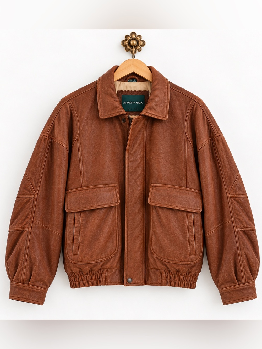 Vintage Andrew Marc New York Brown Leather Bomber Jacket XL